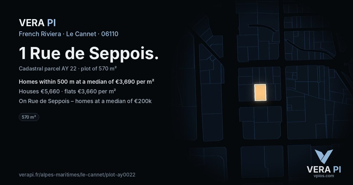 1 Rue de Seppois, Le Cannet at night – the plot lit, the parcels around coloured by the prices near them