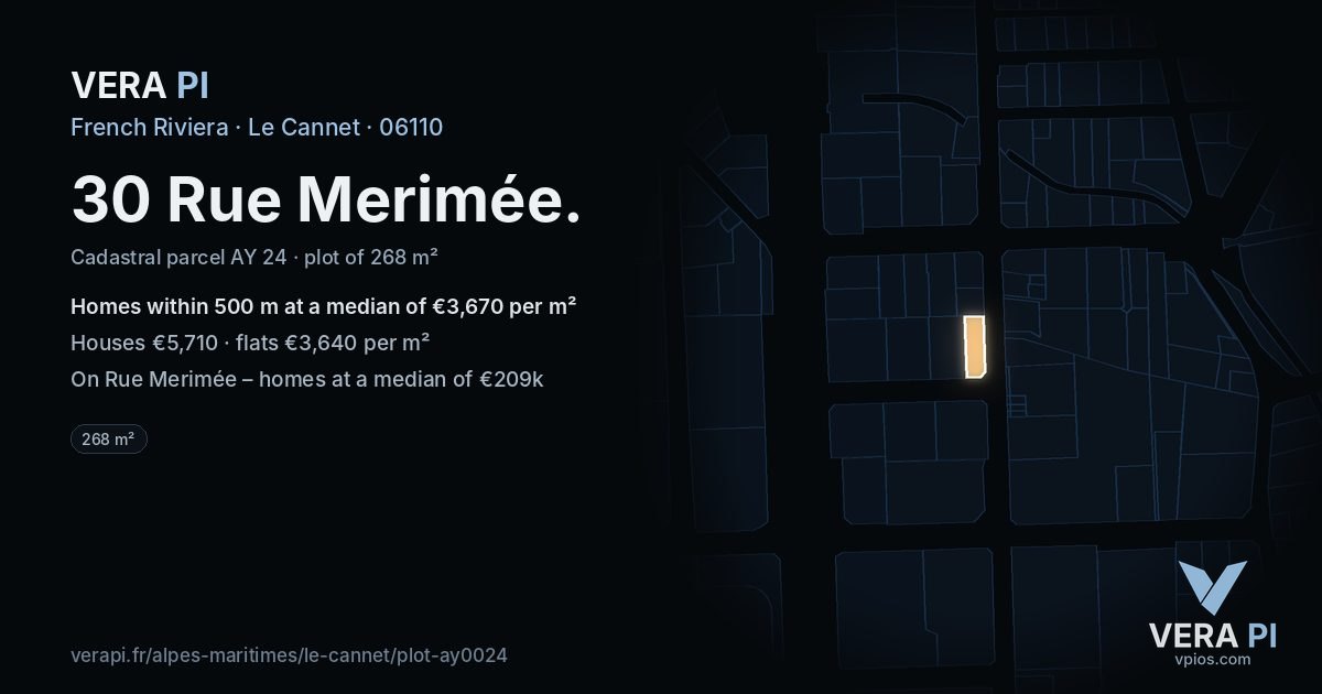 30 Rue Merimée, Le Cannet at night – the plot lit, the parcels around coloured by the prices near them