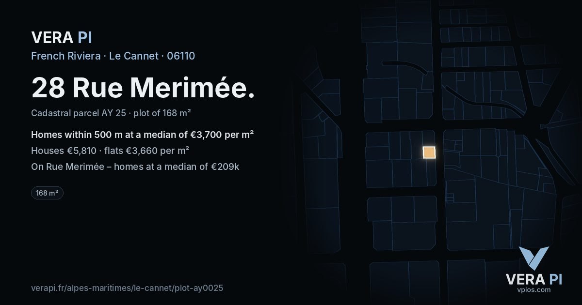 28 Rue Merimée, Le Cannet at night – the plot lit, the parcels around coloured by the prices near them