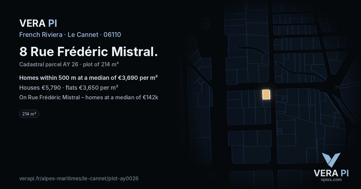 8 Rue Frédéric Mistral, Le Cannet at night – the plot lit, the parcels around coloured by the prices near them