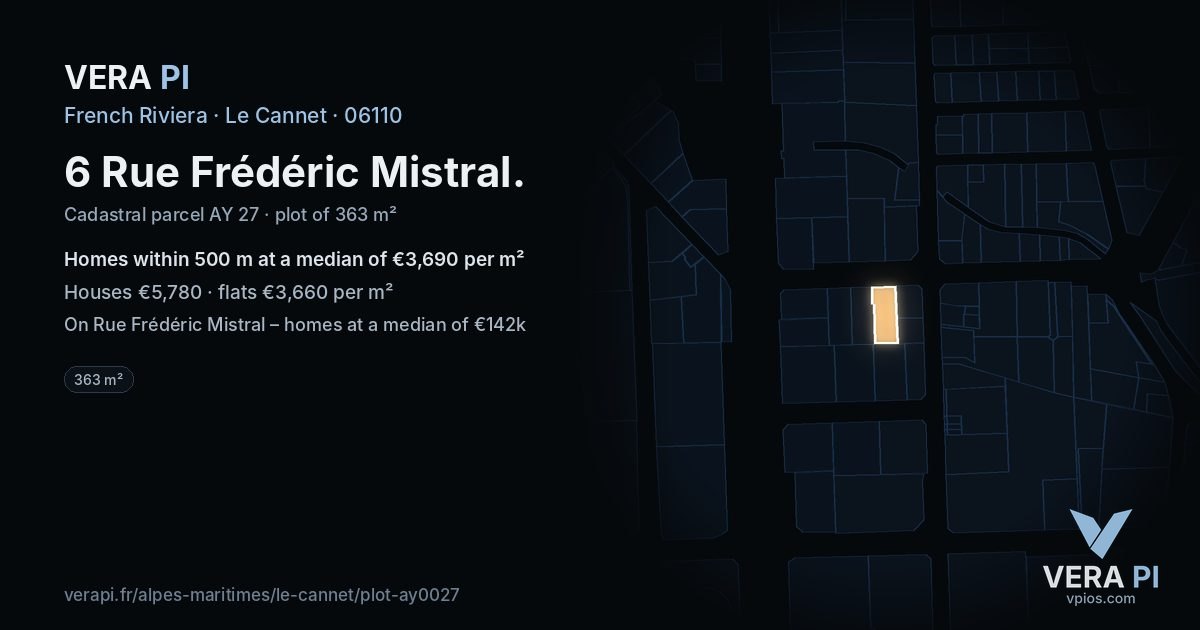 6 Rue Frédéric Mistral, Le Cannet at night – the plot lit, the parcels around coloured by the prices near them