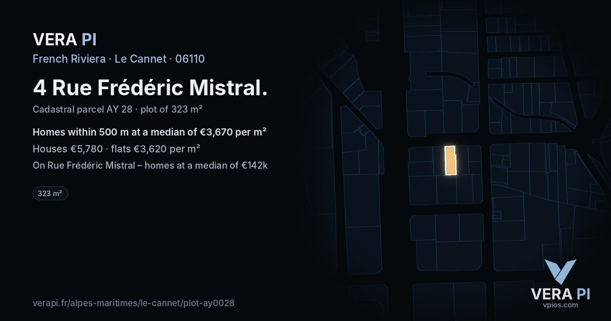 4 Rue Frédéric Mistral, Le Cannet at night – the plot lit, the parcels around coloured by the prices near them