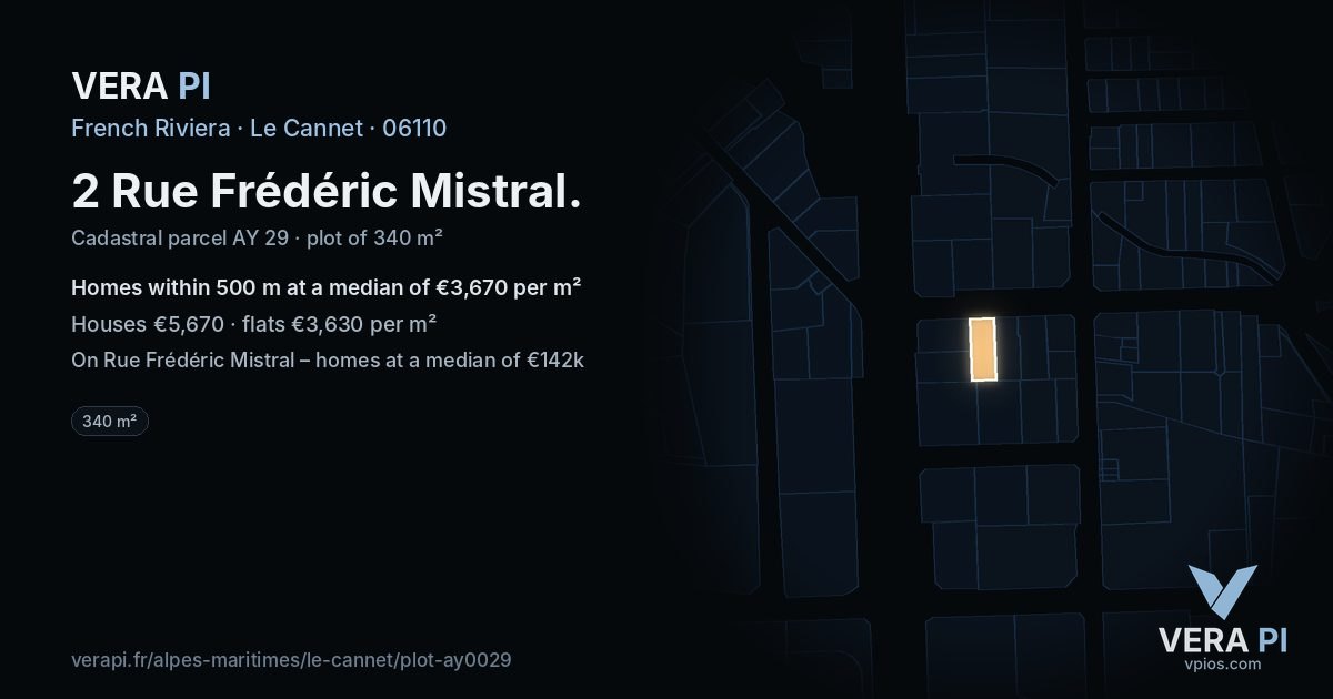 2 Rue Frédéric Mistral, Le Cannet at night – the plot lit, the parcels around coloured by the prices near them