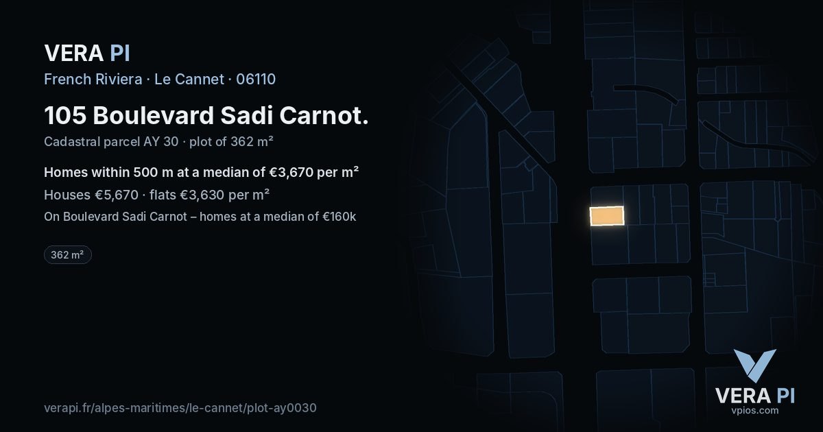 105 Boulevard Sadi Carnot, Le Cannet at night – the plot lit, the parcels around coloured by the prices near them