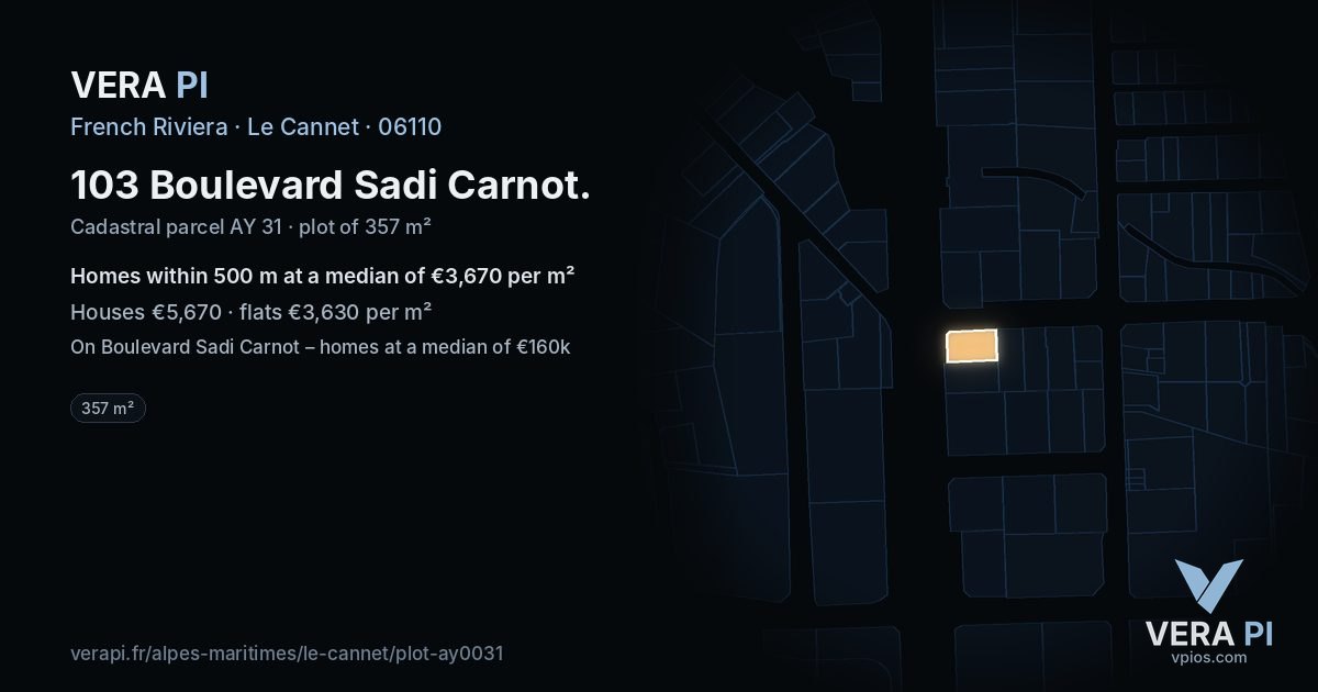 103 Boulevard Sadi Carnot, Le Cannet at night – the plot lit, the parcels around coloured by the prices near them