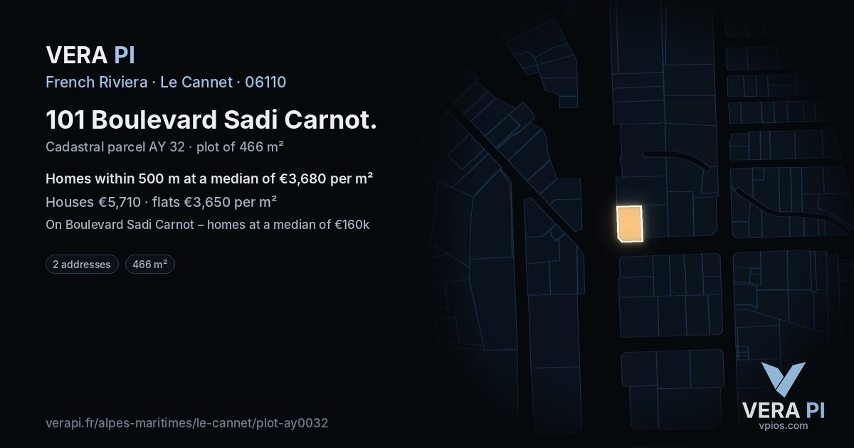 101 Boulevard Sadi Carnot, Le Cannet at night – the plot lit, the parcels around coloured by the prices near them
