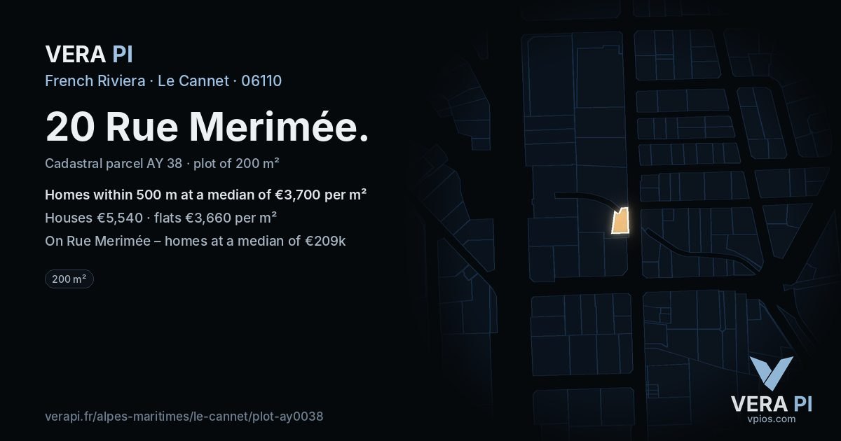 20 Rue Merimée, Le Cannet at night – the plot lit, the parcels around coloured by the prices near them