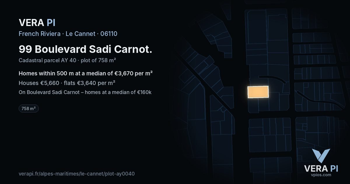 99 Boulevard Sadi Carnot, Le Cannet at night – the plot lit, the parcels around coloured by the prices near them