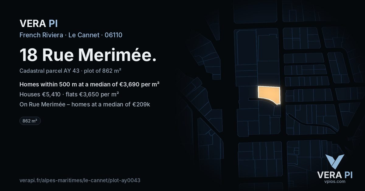 18 Rue Merimée, Le Cannet at night – the plot lit, the parcels around coloured by the prices near them