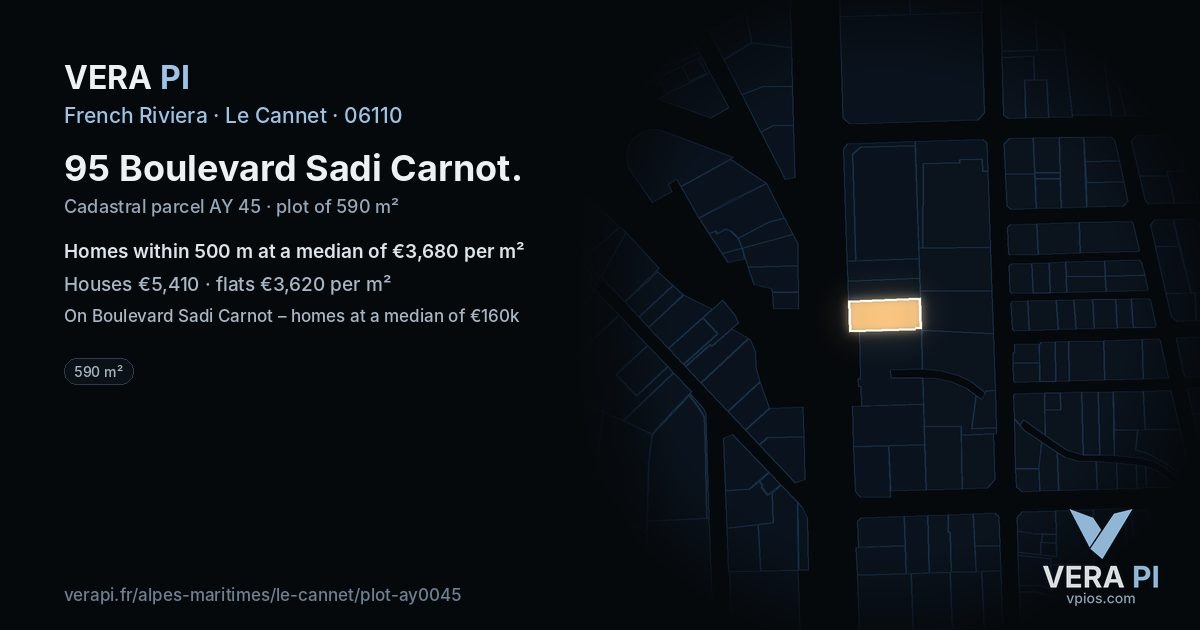 95 Boulevard Sadi Carnot, Le Cannet at night – the plot lit, the parcels around coloured by the prices near them