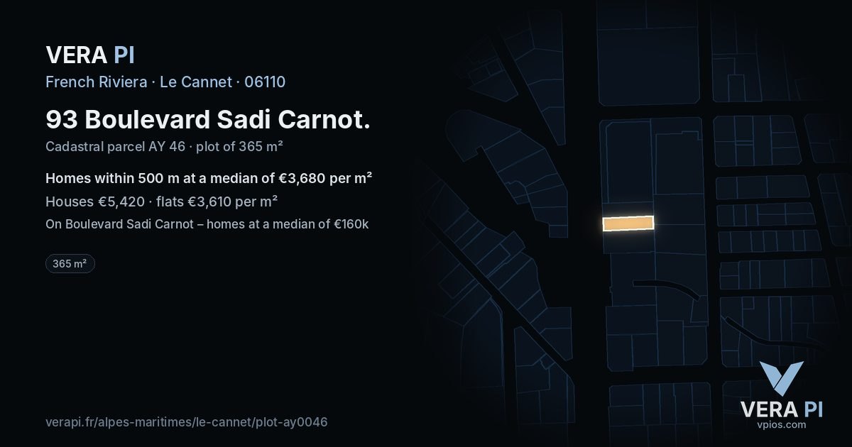 93 Boulevard Sadi Carnot, Le Cannet at night – the plot lit, the parcels around coloured by the prices near them