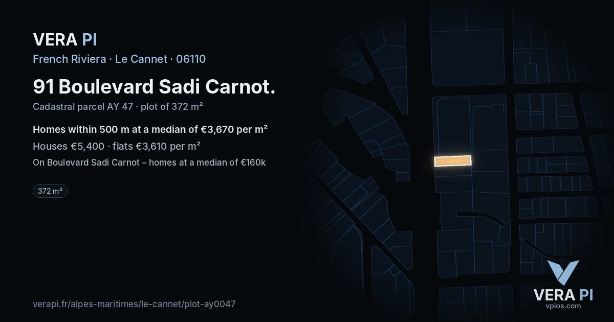 91 Boulevard Sadi Carnot, Le Cannet at night – the plot lit, the parcels around coloured by the prices near them