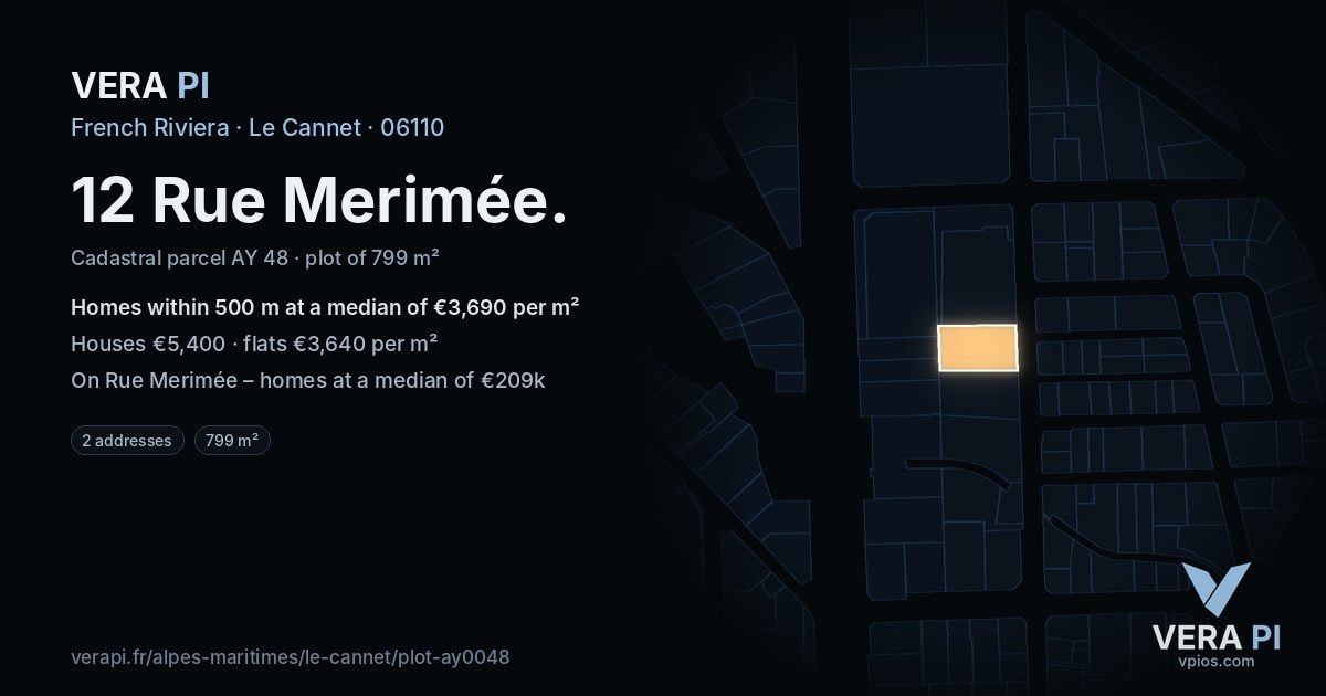 12 Rue Merimée, Le Cannet at night – the plot lit, the parcels around coloured by the prices near them
