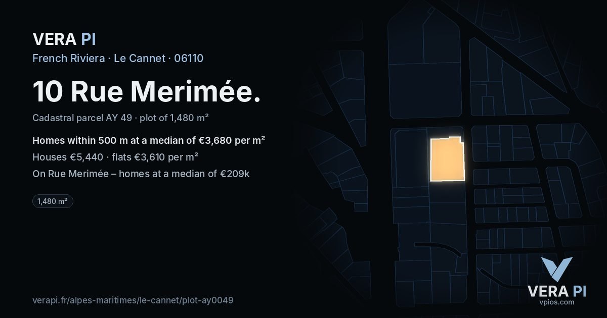 10 Rue Merimée, Le Cannet at night – the plot lit, the parcels around coloured by the prices near them