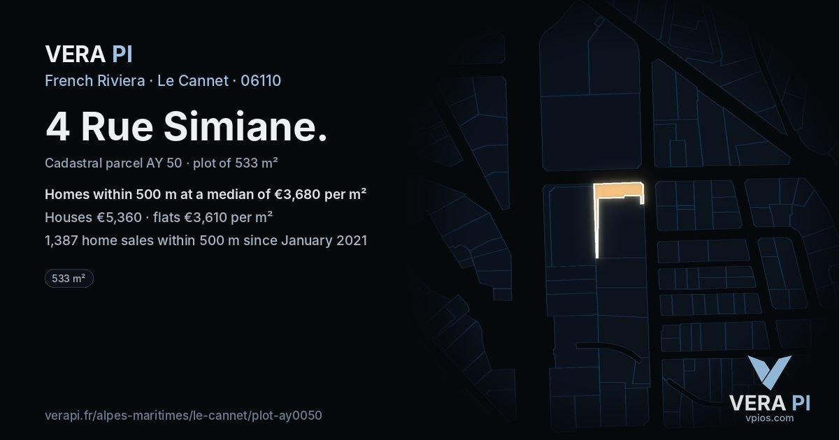 4 Rue Simiane, Le Cannet at night – the plot lit, the parcels around coloured by the prices near them