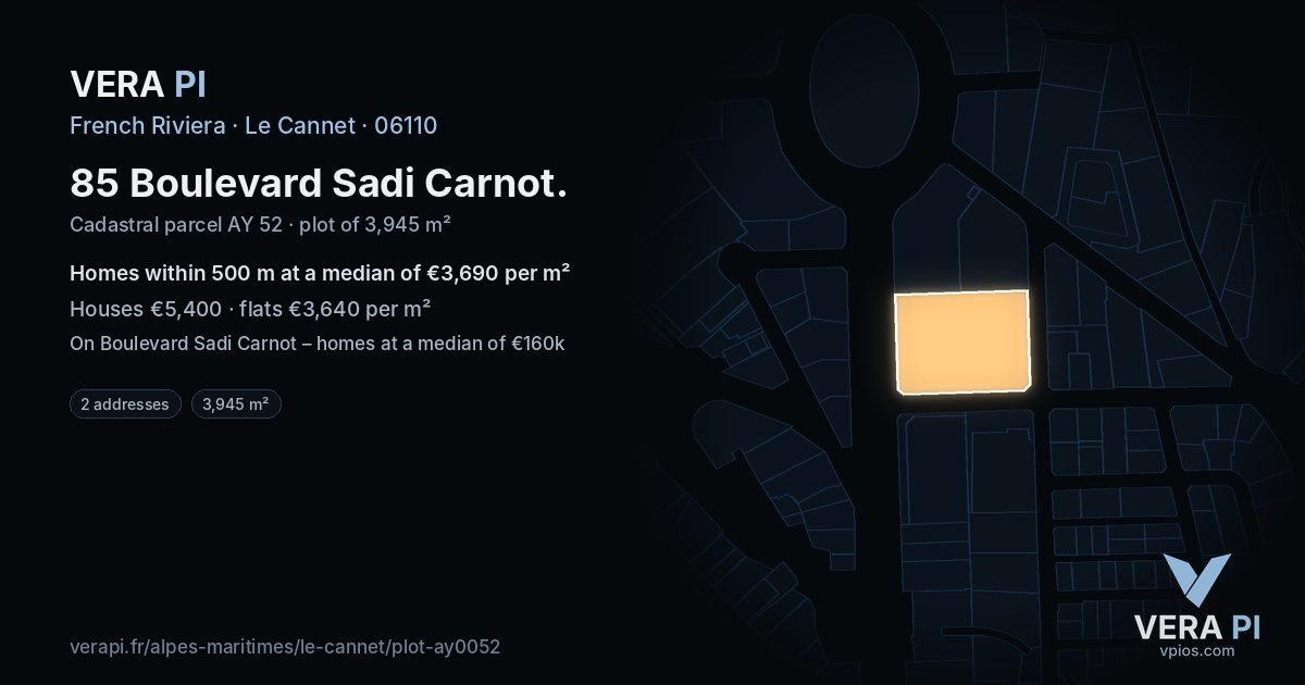 85 Boulevard Sadi Carnot, Le Cannet at night – the plot lit, the parcels around coloured by the prices near them