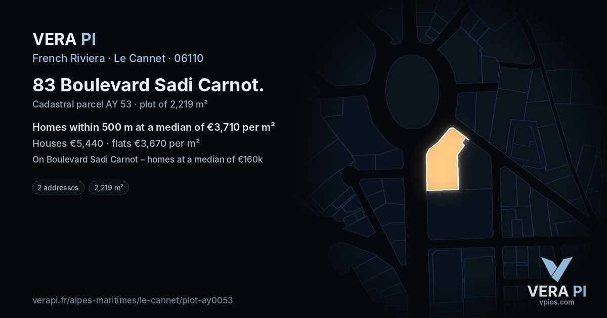 83 Boulevard Sadi Carnot, Le Cannet at night – the plot lit, the parcels around coloured by the prices near them