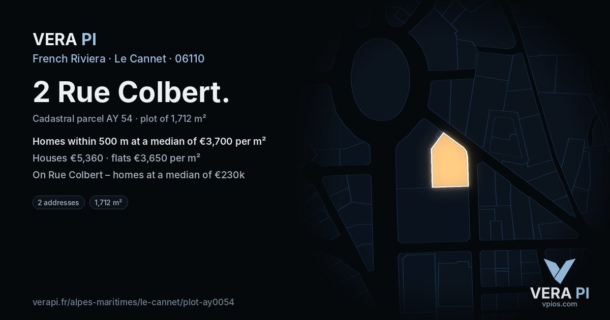 2 Rue Colbert, Le Cannet at night – the plot lit, the parcels around coloured by the prices near them