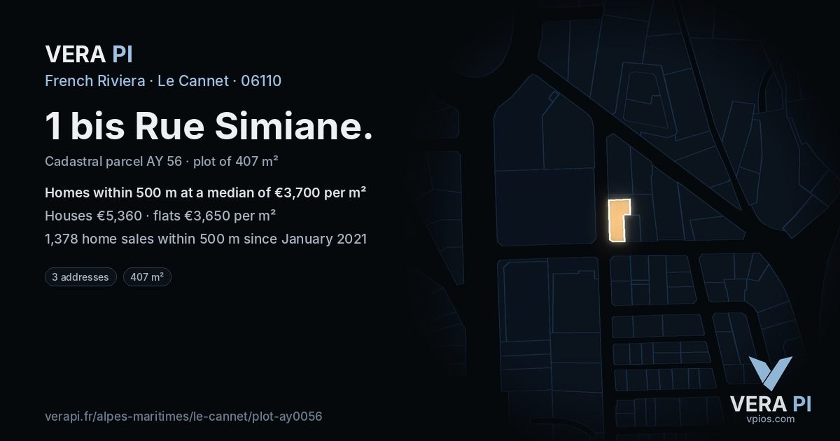 1 bis Rue Simiane, Le Cannet at night – the plot lit, the parcels around coloured by the prices near them