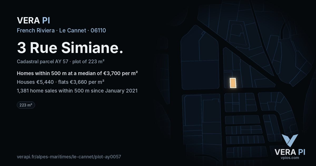 3 Rue Simiane, Le Cannet at night – the plot lit, the parcels around coloured by the prices near them