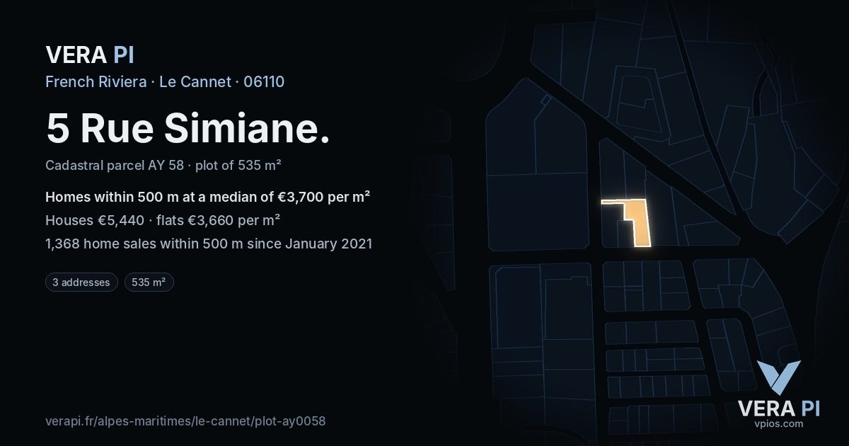 5 Rue Simiane, Le Cannet at night – the plot lit, the parcels around coloured by the prices near them