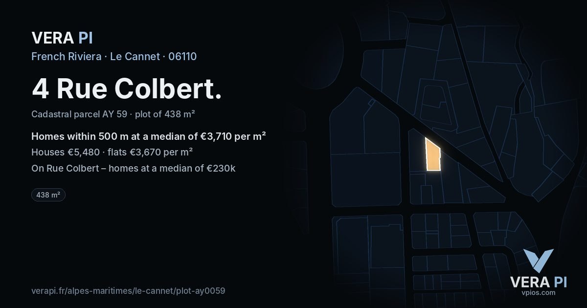 4 Rue Colbert, Le Cannet at night – the plot lit, the parcels around coloured by the prices near them