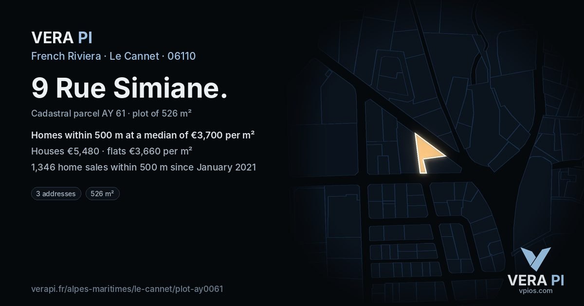 9 Rue Simiane, Le Cannet at night – the plot lit, the parcels around coloured by the prices near them
