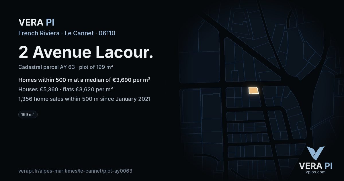 2 Avenue Lacour, Le Cannet at night – the plot lit, the parcels around coloured by the prices near them