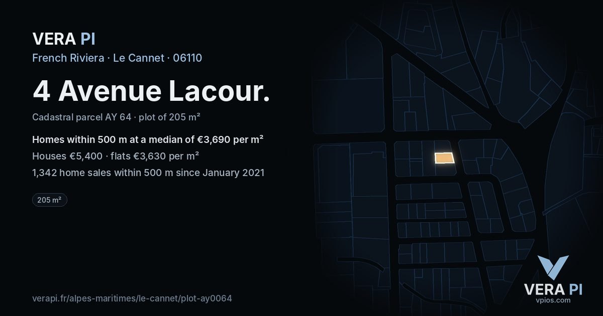 4 Avenue Lacour, Le Cannet at night – the plot lit, the parcels around coloured by the prices near them
