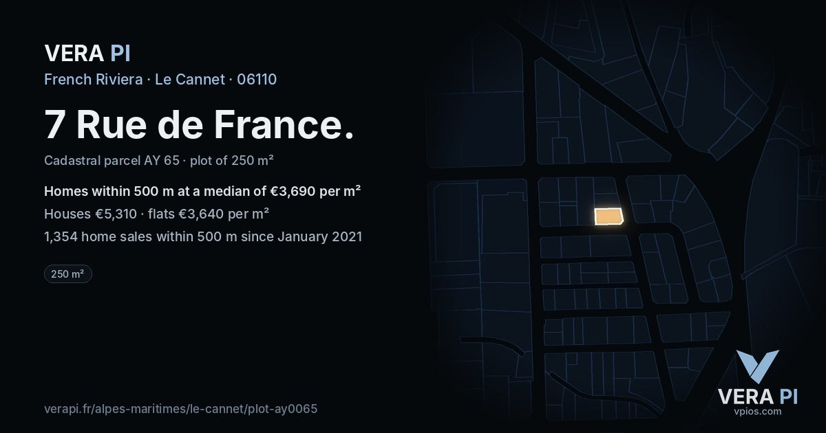 7 Rue de France, Le Cannet at night – the plot lit, the parcels around coloured by the prices near them