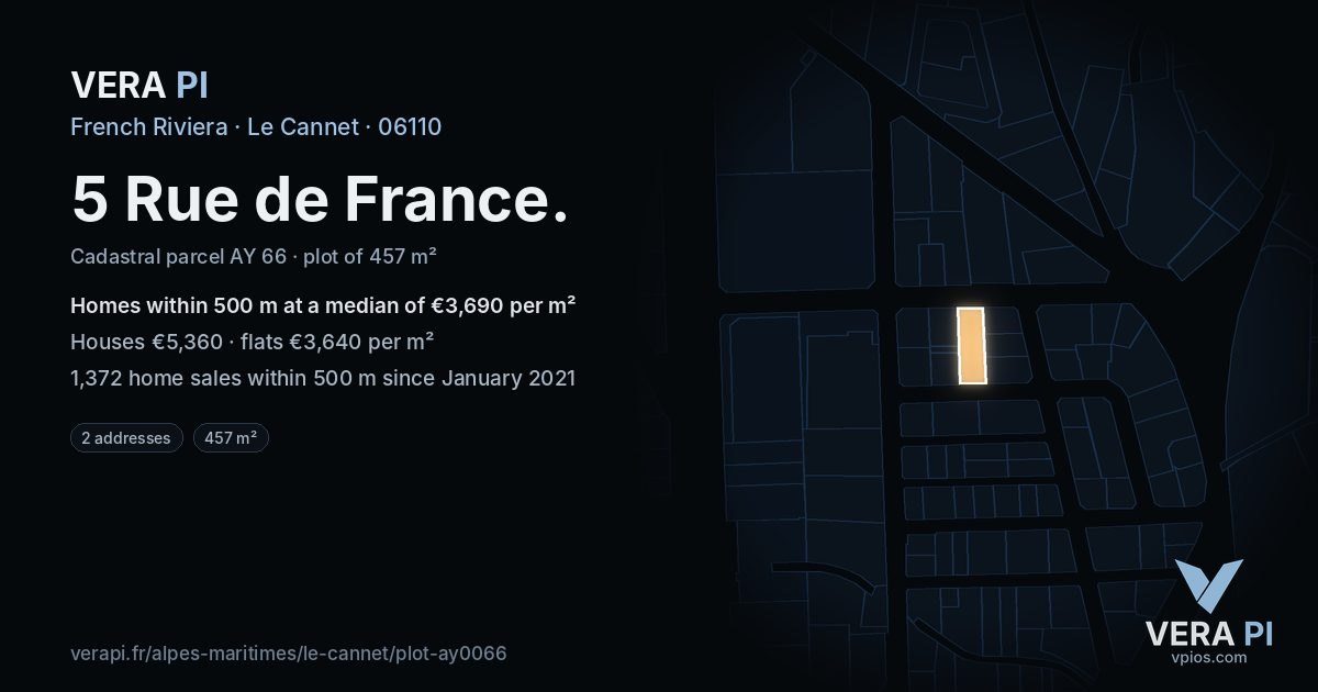 5 Rue de France, Le Cannet at night – the plot lit, the parcels around coloured by the prices near them