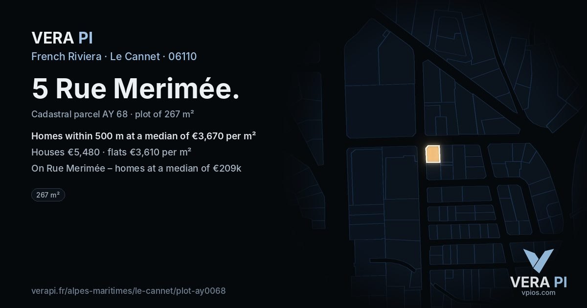 5 Rue Merimée, Le Cannet at night – the plot lit, the parcels around coloured by the prices near them