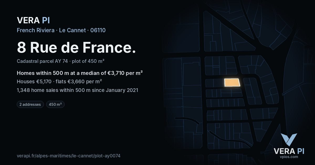 8 Rue de France, Le Cannet at night – the plot lit, the parcels around coloured by the prices near them