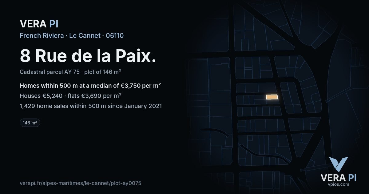 8 Rue de la Paix, Le Cannet at night – the plot lit, the parcels around coloured by the prices near them