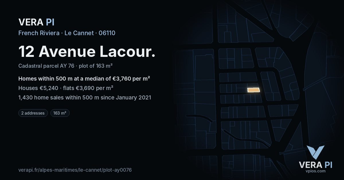 12 Avenue Lacour, Le Cannet at night – the plot lit, the parcels around coloured by the prices near them