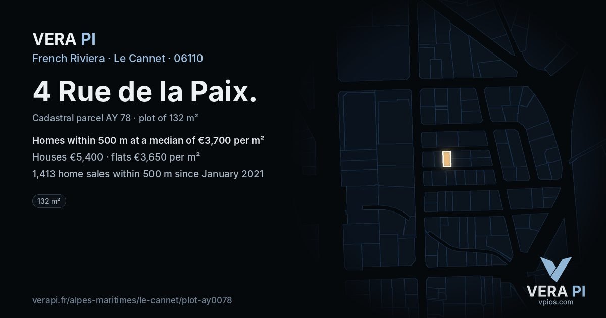 4 Rue de la Paix, Le Cannet at night – the plot lit, the parcels around coloured by the prices near them