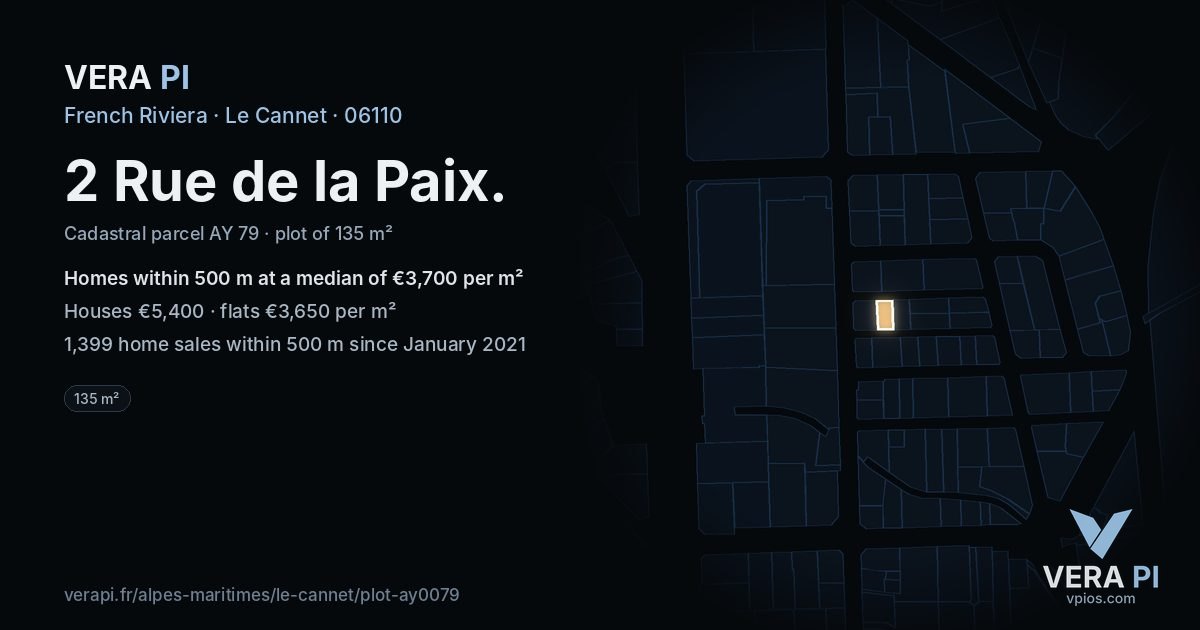 2 Rue de la Paix, Le Cannet at night – the plot lit, the parcels around coloured by the prices near them