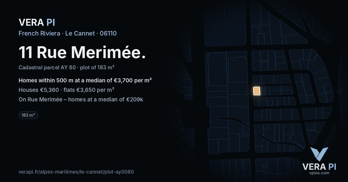 11 Rue Merimée, Le Cannet at night – the plot lit, the parcels around coloured by the prices near them