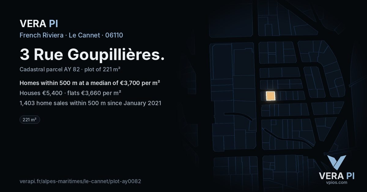 3 Rue Goupillières, Le Cannet at night – the plot lit, the parcels around coloured by the prices near them