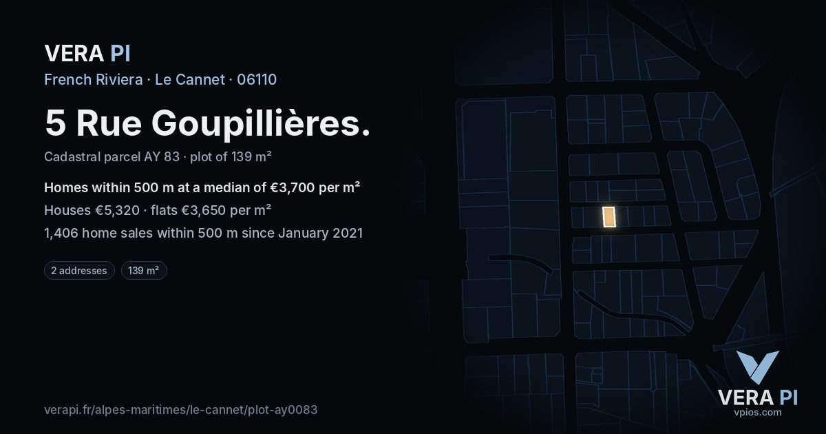 5 Rue Goupillières, Le Cannet at night – the plot lit, the parcels around coloured by the prices near them
