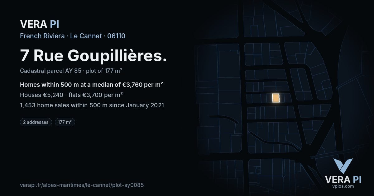 7 Rue Goupillières, Le Cannet at night – the plot lit, the parcels around coloured by the prices near them