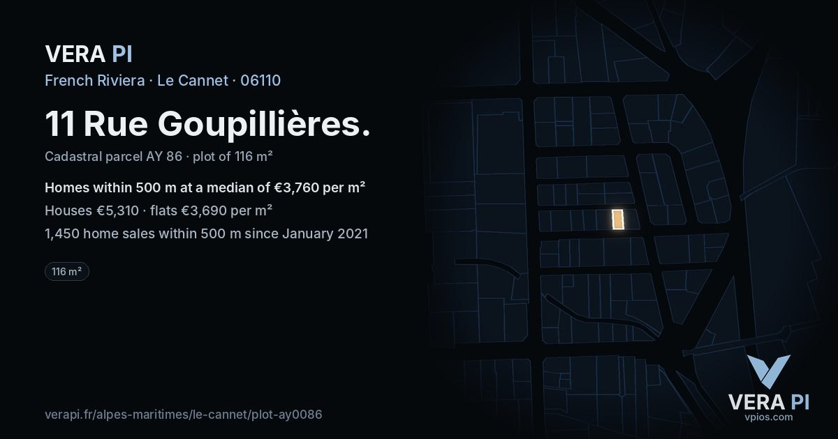 11 Rue Goupillières, Le Cannet at night – the plot lit, the parcels around coloured by the prices near them