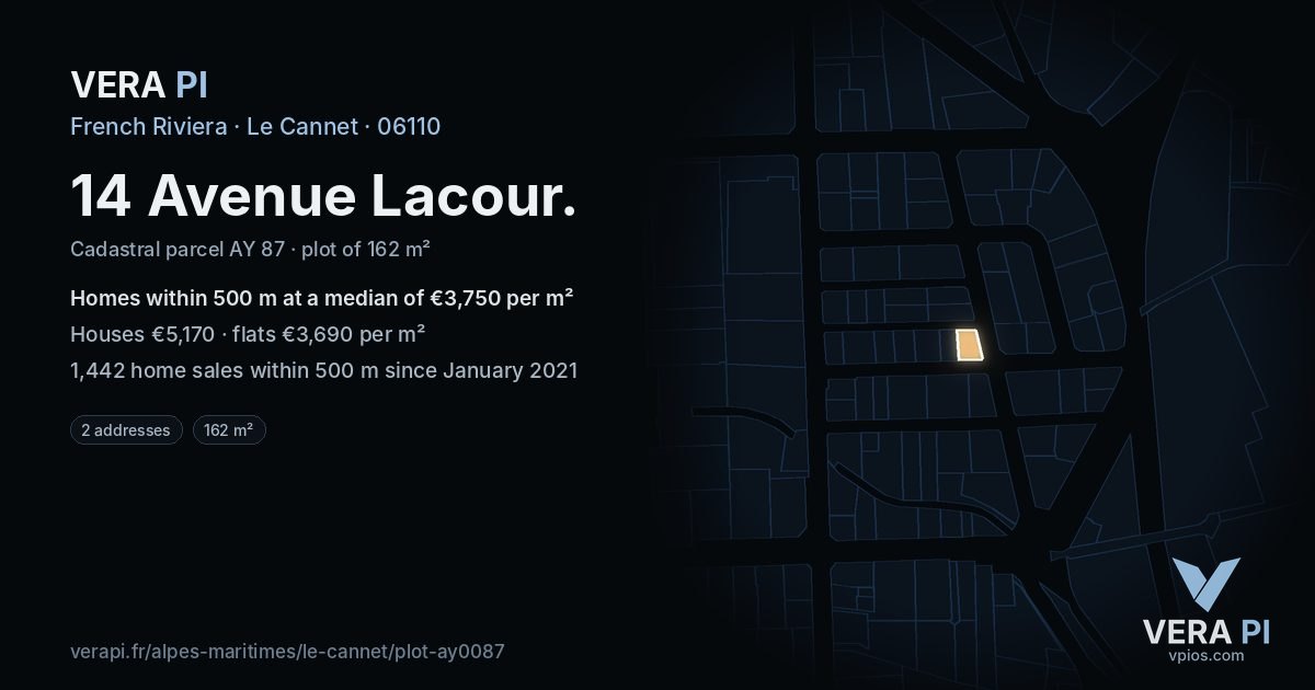 14 Avenue Lacour, Le Cannet at night – the plot lit, the parcels around coloured by the prices near them