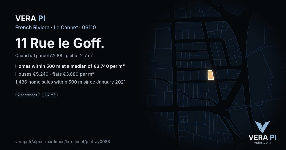11 Rue le Goff, Le Cannet at night – the plot lit, the parcels around coloured by the prices near them