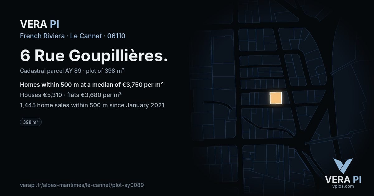 6 Rue Goupillières, Le Cannet at night – the plot lit, the parcels around coloured by the prices near them