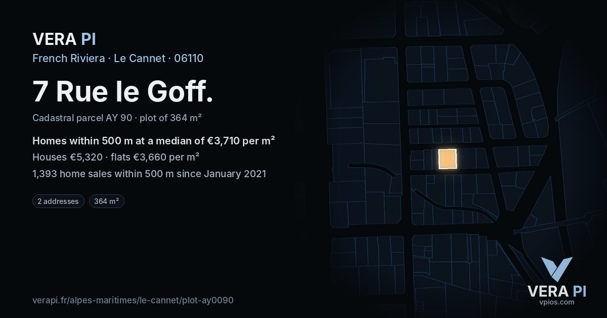 7 Rue le Goff, Le Cannet at night – the plot lit, the parcels around coloured by the prices near them