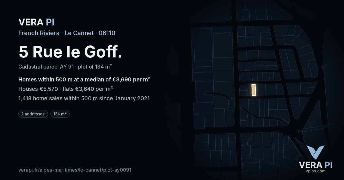 5 Rue le Goff, Le Cannet at night – the plot lit, the parcels around coloured by the prices near them