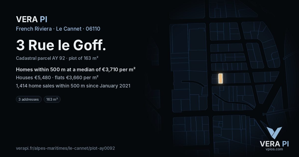 3 Rue le Goff, Le Cannet at night – the plot lit, the parcels around coloured by the prices near them