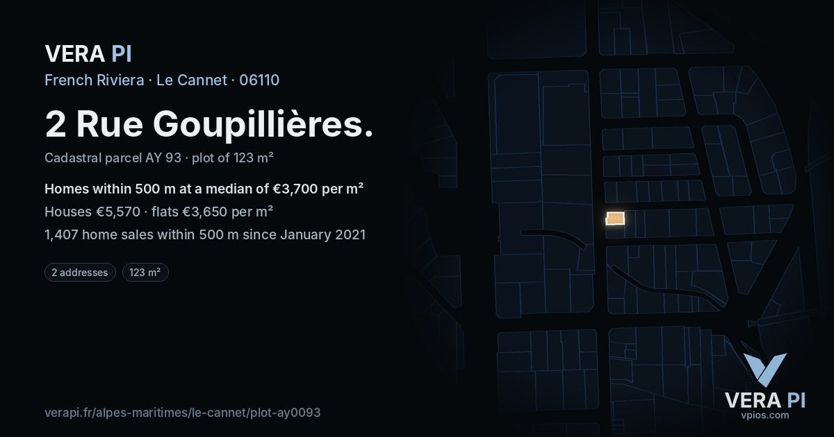 2 Rue Goupillières, Le Cannet at night – the plot lit, the parcels around coloured by the prices near them