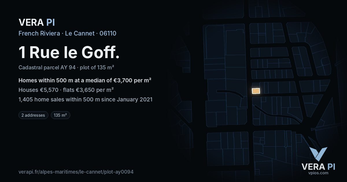 1 Rue le Goff, Le Cannet at night – the plot lit, the parcels around coloured by the prices near them